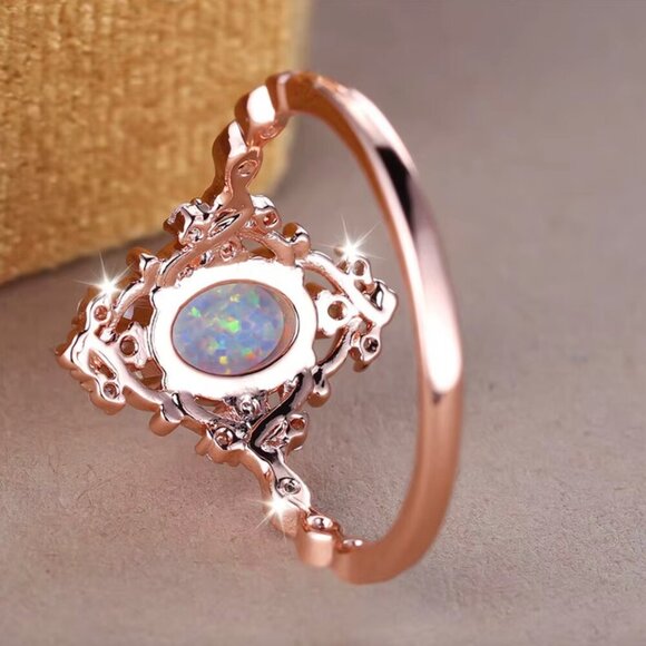 NEW 14k Rose Gold White Opal Ring Dainty Diamond Opal Ring - Picture 5 of 8